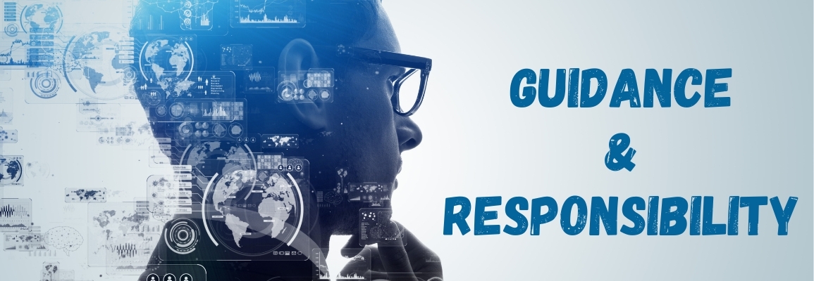 This site covers Guidance and Responsibility in the use of AI. This image shows a man pondering the inner workings of technology and their impact on other areas of life.