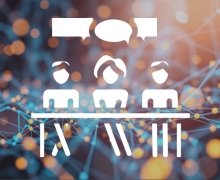 An image of interworkings of technology - like a web of connected wires with a graphic overlaid showing three stick figures at a desk with conversation bubbles over their heads for a panel discussion