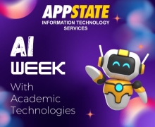 App State white and gold logo on a colorful, blurred background with text highlighting the event AI Week with Academic Technologies with a white and yellow, smiling robot