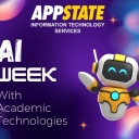 App State white and gold logo on a colorful, blurred background with text highlighting the event AI Week with Academic Technologies with a white and yellow, smiling robot