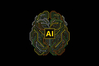 Circuit‑style brain graphic with central AI icon, symbolizing learning, neural networks, and AI basics.