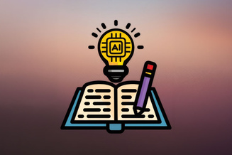 Illustration of an AI-powered light bulb above an open book with a pencil, representing AI literacy, learning and education.